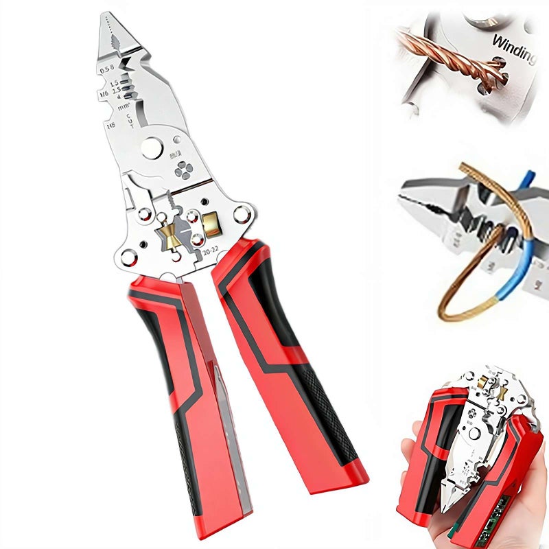 16-in-1 Wire Stripper Crimping Tool, Electrical Test Wire Stripper Pliers, Folding Design Voltage Tester Pliers for Electrician (Red) - Image 1